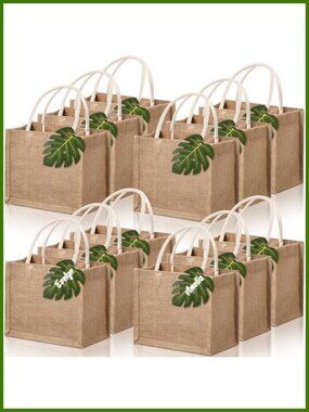 12 Burlap Jute Tote Bags with Handles, Tissue Paper & Monstera Tags, DIY